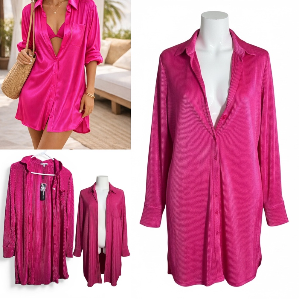 Fuchsia Satin Button Down Tunic | Spring Resort Cover Up | Oversized Shirt Dress